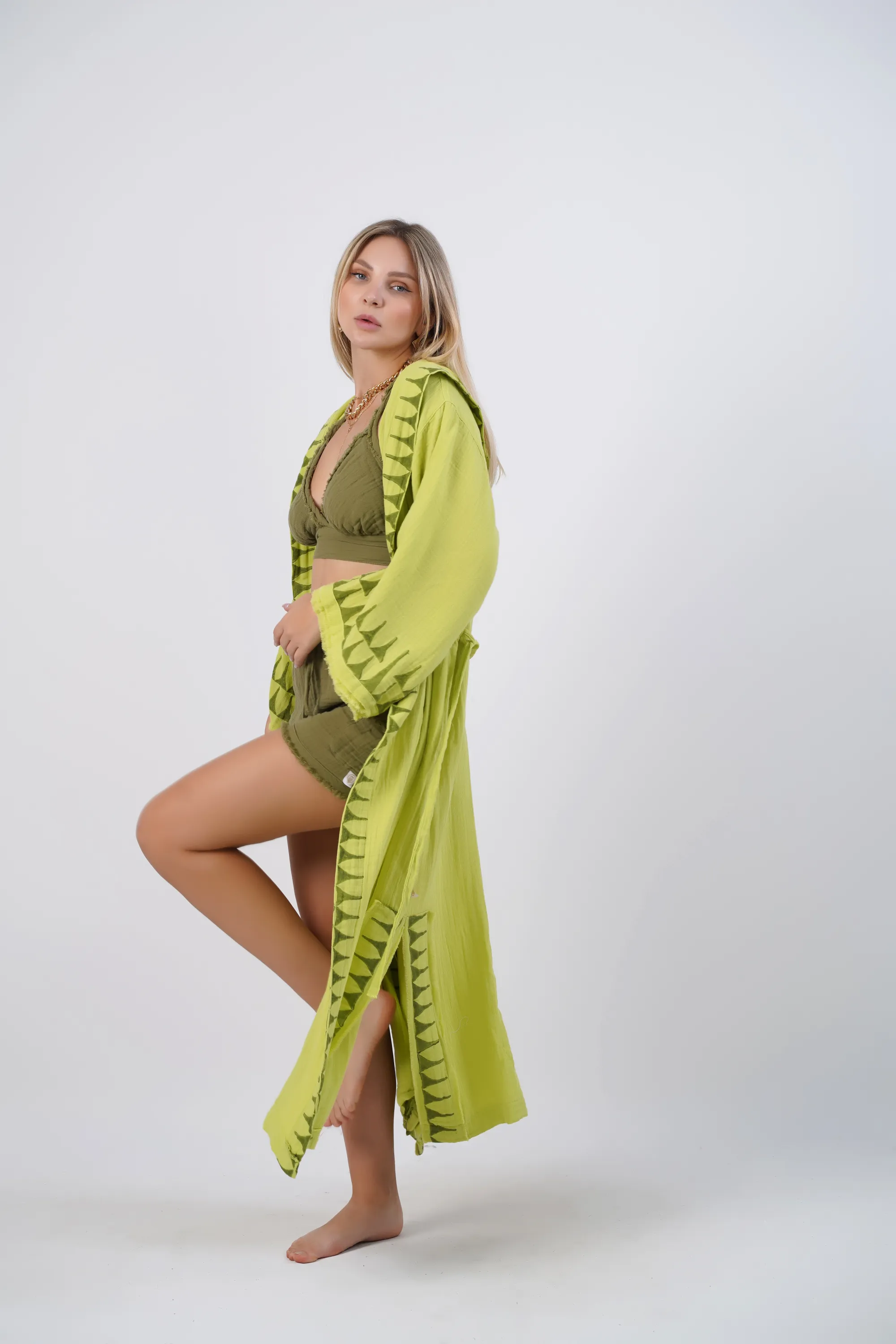 Wood Block Printed Long Hooded Khono / Pistachio Green