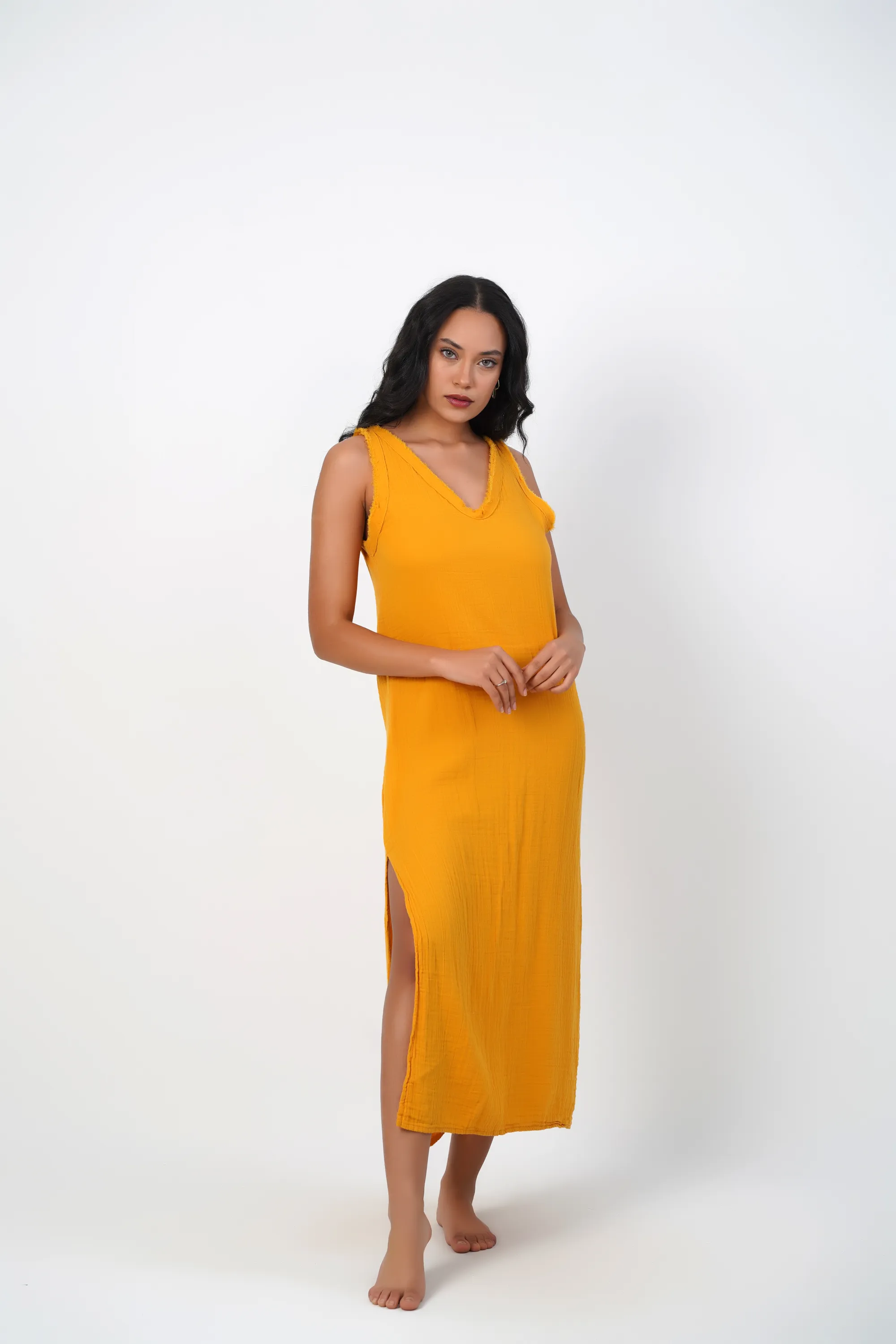 Long V-Neck Classic Dress / Mustard